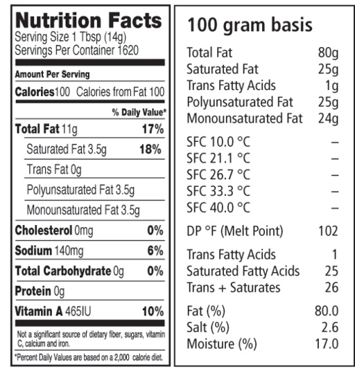 NH 578 Table Grade Margarine Nutritional and SFC information