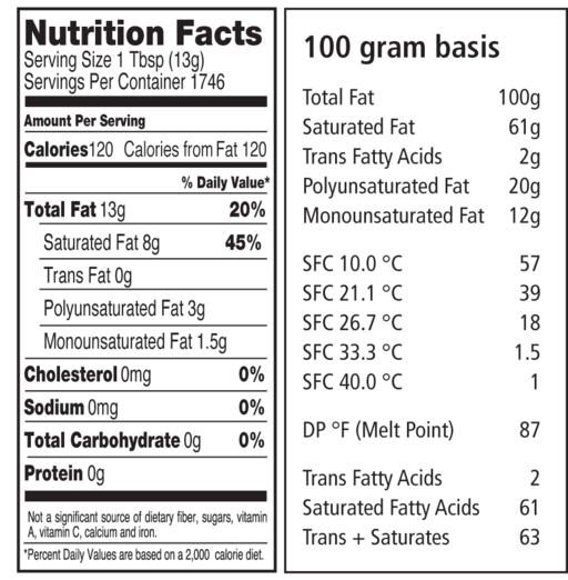 212 specialty shortening nutritional panel and sfc information